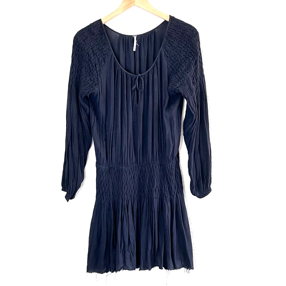 Free People | Black long sleeve drop waist smocked mini dress size extra…